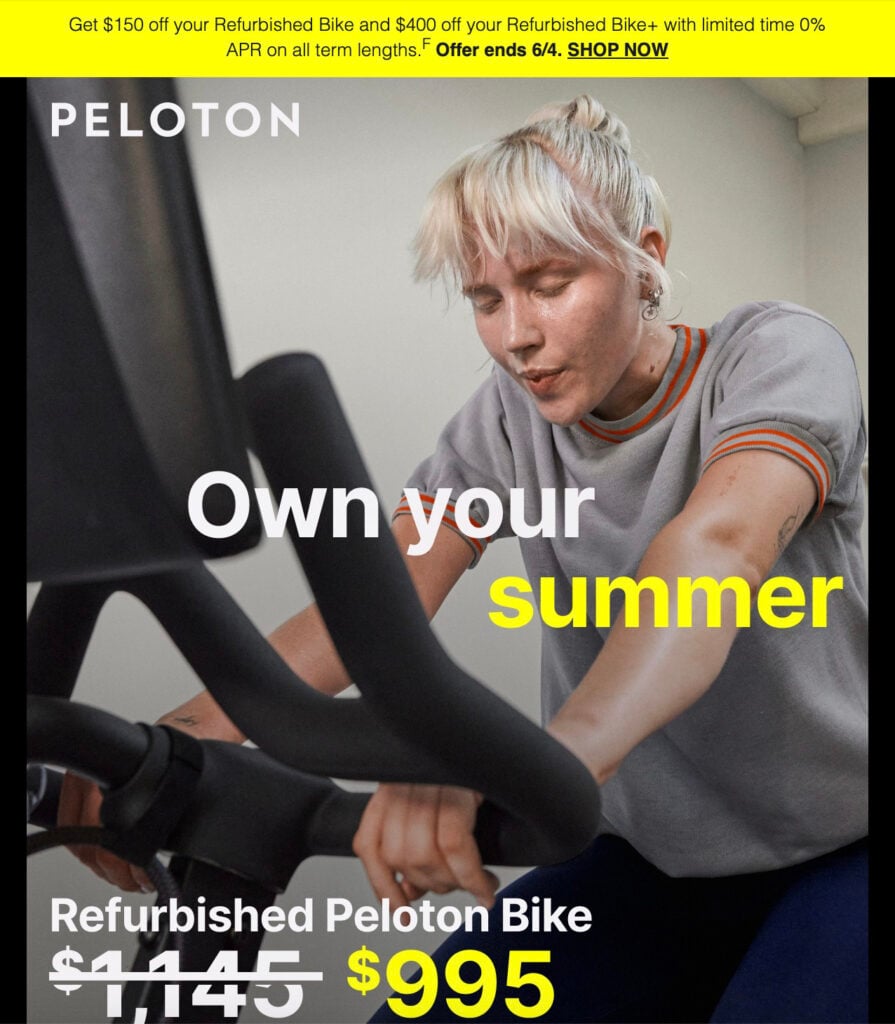 Peloton email advertising refurbished Bike/Bike+ offer through June 4, 2024.